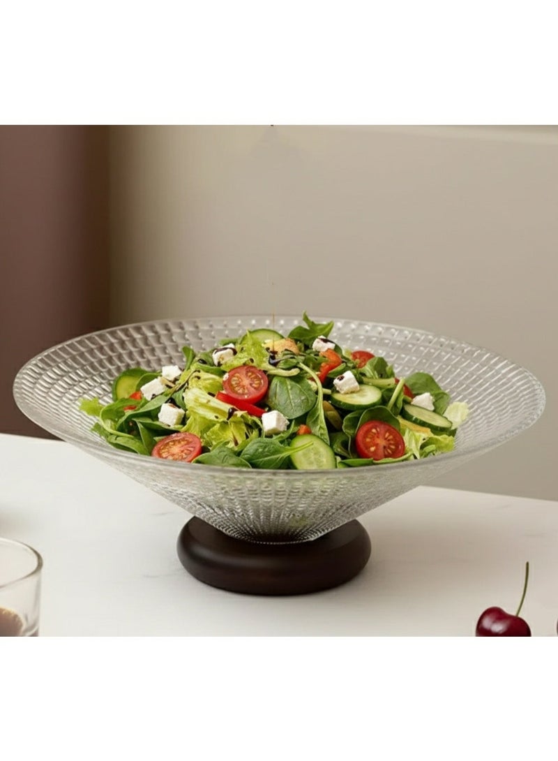 Large Glass Salad & Fruit Bowl with Walnut Wood Pedestal - 10" Elegant Crystal Centerpiece Bowl for Serving, Modern Trifle Bowl for Kitchen Counter, Party & Holiday Tablescape - Image 2